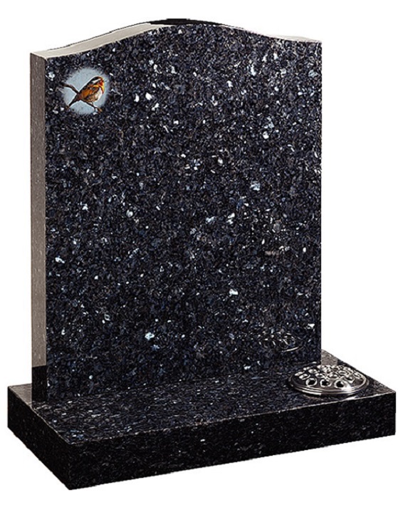 Memorial headstone and base in black granite with coloured design as seen in brochure